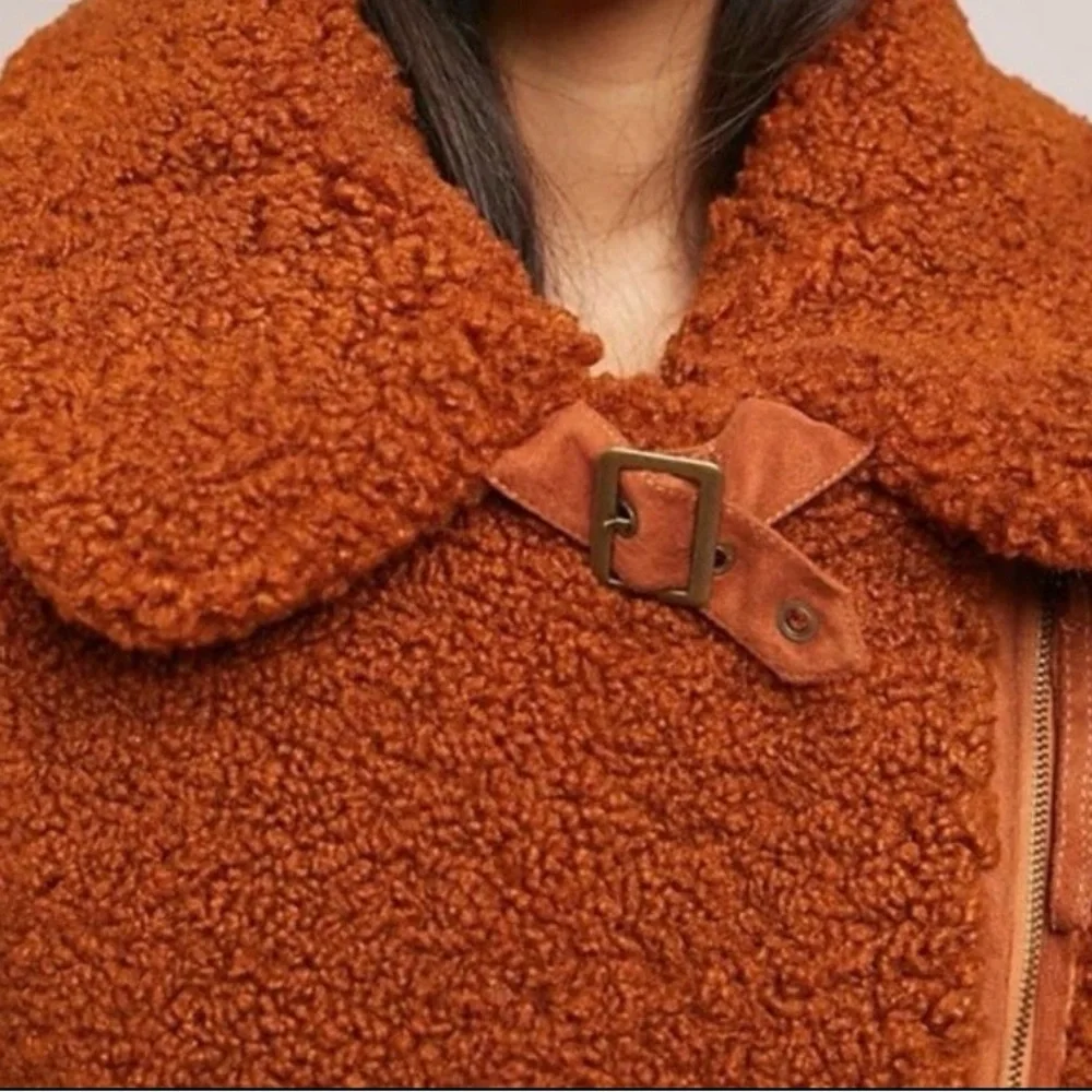 Anthropologie Marrakech sherpa teddy moto jacket rust /bronze color small - Picture 6 of 12